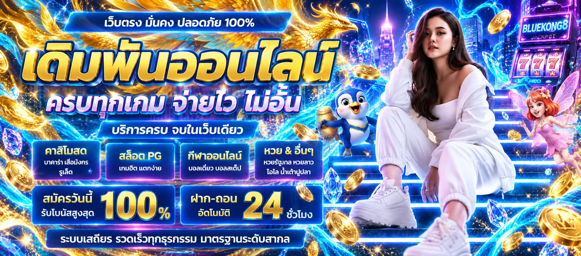 ภาพรวมเกมสล็อต BLUEKONG8 พร้อมตัวละครและเหรียญทอง